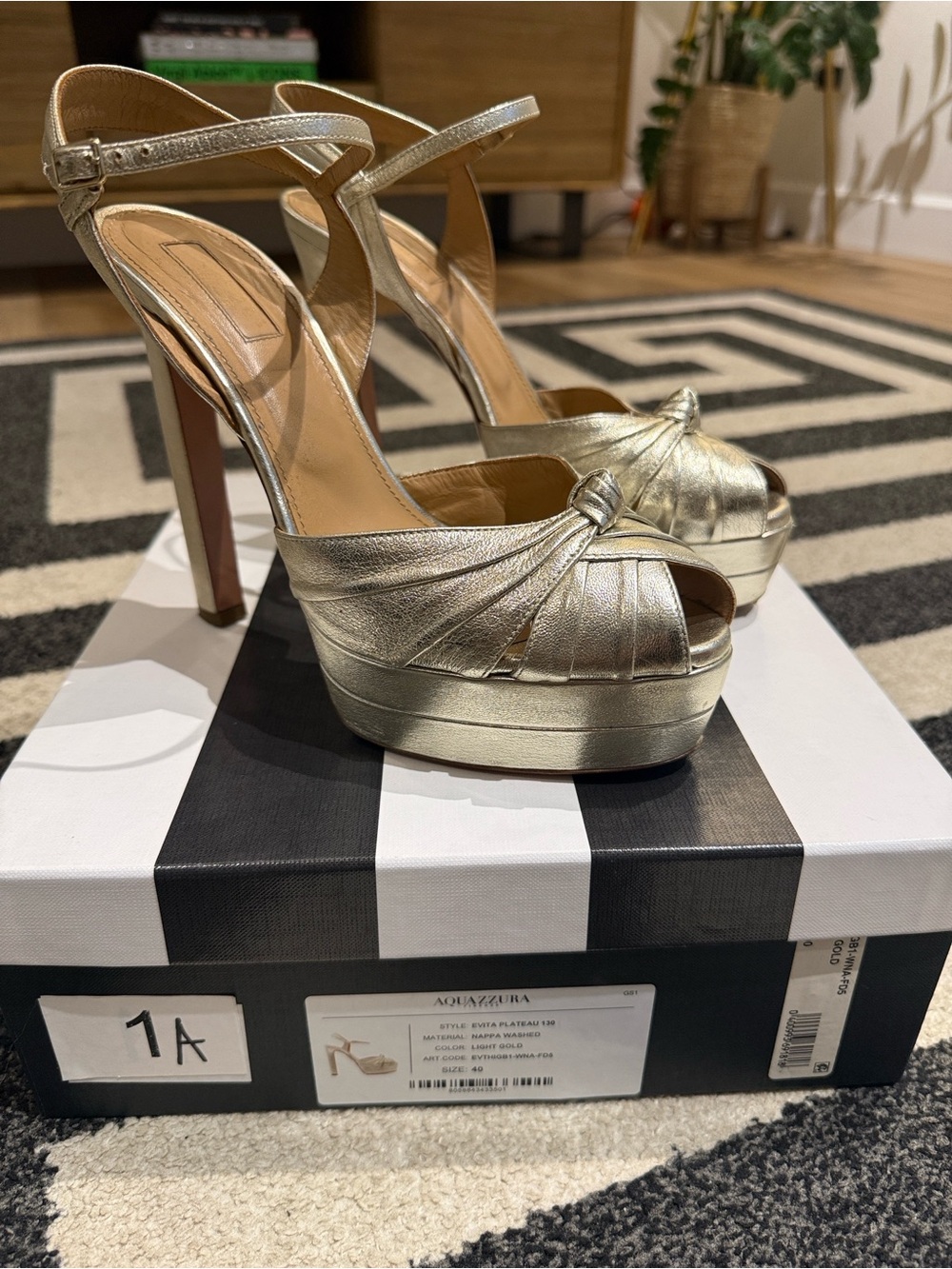 Aquazzura Metallic Gold Knotted Peep-Toe Platform Heels